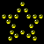 yellow star-shaped pixel clusters on a black background, each cluster composed of small circular dots with varying brightness levels