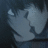 Pixelated static image of two light-colored figures in close proximity against a dark background, appearing to be an anime-style buddy icon with low-resolution rendering and visible dithering.