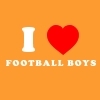 Pixelated orange background with white 'I' and 'FOOTBALL BOYS' text flanking a red heart symbol.