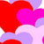 A static image of overlapping heart shapes in red, pink, and purple hues with a white background.