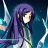 Pixelated anime-style character with long purple hair and green accents against a blue background, featuring visible dithering and color blending typical of low-resolution digital art.