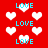 Red background with scattered white pixelated hearts and repeated cyan 'LOVE' text in a pattern