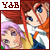 Two pixelated anime-style characters with red and purple hair, blue eyes, and orange-and-white clothing, displayed side-by-side with 'Y&B' text above.