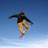 Pixelated image of a person snowboarding mid-air against blue sky background with text on right side.
