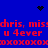 Blue background with red pixelated text repeating 'chris, misschris, miss u 4ever' and 'oxo' patterns, black heart and star symbols at top corners.