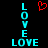 A static image displays the word "LOVE" in cyan pixelated letters arranged vertically on both sides of a red heart symbol against a black background.