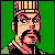Pixel art portrait of a character with stylized facial features, striped headwear, and checkered shoulder accents on green background.