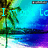 Pixelated beach scene with palm tree, water reflection, and cyan text fragments on blue-purple gradient background.