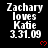 Black background displays white text 'Zachary loves Katie 3.31.09' with red heart symbols, arranged in a of six identical and one partial