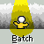 Pixelated character with white head and yellow body stands against gradient background, text "Batch" below; one version has speech bubble with same text.