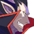 Pixelated static icon of a character with purple hair and red accents, featuring large ears and a dark outfit against a white background.
