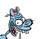 Blue cartoon character with exaggerated features, wide eyes, and a large open mouth showing teeth and red accents, depicted in two sequential poses with slight head and mouth position changes.