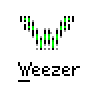 A 3x3 contact sheet of eight animated frames showing a Weezer-themed buddy icon with green 'W' shapes and cartoon characters, all labeled "Weezer" beneath each frame.