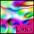Pixelated abstract composition with vibrant multicolor gradient background and bold pink rectangular text block containing 'Laura' in dark brown letters.