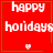 Red square icon with white text 'happy holidays' and a small heart, bordered by green lines; one version includes an additional green star.