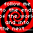 Red and black spiral pattern with white text repeating 'follow me to the end of the world and into the next...' across four identical