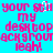 Pixelated text on a bright cyan background with pink and purple hues, displaying repeated phrases and a name.