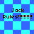 Pixelated blue and cyan checkered background with repeated text "Jack Rules!!!!!!!!" in black pixel font.