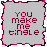 Two side-by-side animated frames of a buddy icon with pink and black pixelated text inside decorative borders on a gray background.