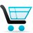 Pixelated shopping cart icon with black handle and base, light blue transparent basket, and two blue wheels on gray background.