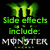 Green and yellow Monster Energy logo with text about side effects including kicking ass, tearing off shirt, winning any event.