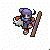 Pixel art character with blue hair and red accents performs actions beside a vertical striped object on white dotted background.