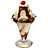 Pixelated ice cream sundae with chocolate syrup and cherry on top, next to 'yum m...' text.