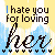 repeated text-based icons featuring 'I hate you for loving her' with color variations on the word 'you', set against a yellow and blue pixelated background