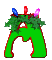 Green stylized letter M with red outline, topped by green foliage and three colored lights (blue, red, pink), displayed in a of six identical frames