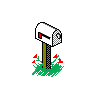 Four pixel-art mailboxes on a gray background, each with green grass and red flowers, showing different flag and door states.