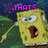 Yellow sponge character with wide eyes and open mouth in three , pink text above and below, dark blue background with green shapes