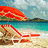 Pixelated beach scene with red-and-white striped umbrella, lounge chairs on sand, turquoise water, and cloudy sky; adjacent text display 'Summer 07' and 'Can't Wait 4 Summer 08'