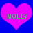 Two identical pink hearts on a blue background with green text reading 'MOLLY' inside each heart.
