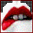 Red lips with white teeth and a white background, framed by a black and white pixelated border, with text appearing at the bottom of some frames.