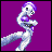 Pixelated figure with purple hair and white body against purple background, shown in two sequential poses with limbs shifted.