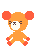 Pixelated orange bear with red ears and paws, white muzzle, and closed eyes, shown in two sequential poses with arms and legs slightly shifted.