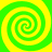 Four identical spiral patterns arranged in a on a bright yellow background with green outlines