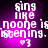 Pixelated text reads "sing like noone is listening." with a heart symbol below, set against purple and black background.