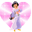 Pixelated heart-shaped icon with pink gradient background showing a character in purple dress holding black snake-like object.