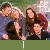 Animated contact sheet showing five frames of a 3x2 grid with character group poses and changing text labels on green bars, set against a gray background.