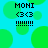 Pixelated blue background with green circles, displaying "MONI" text and symbols in four identical quadrants.