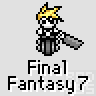 Animated contact sheet of Final Fantasy 7 character Cloud Strife in various action poses with weapon and effects, displayed as a grid of pixel art frames on gray background.