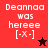 Pixelated text reads "Deanna was hereee [-X-]" on red and dark red backgrounds with a star symbol changing from black to red.