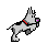 Pixelated dog icon with red collar and purple nose in four distinct poses on gray background.