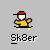 Pixelated character in yellow hoodie and red cap performs actions with various boards on gray background, text "Sk8er" below.