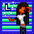 Pixel art character with long black hair and orange skin wears white shirt, checkered belt, dark pants; background has blue-green stripes, white stars, purple border.