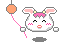 Pixelated bunny avatar with pink bow, holding a balloon that changes from orange sphere to orange wings with falling colored squares.