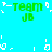 Pixelated green text 'team JB' repeats across a bright cyan background with scattered white pixel fragments.