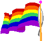 Four pixelated rainbow flags on orange poles with pink tops, arranged in a against a gray background, each flag showing distinct waving positions