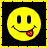 A 48x48 pixel animated contact sheet showing three frames of a yellow smiley face icon with tongue out, blue text "BY ALL MEANS" on starry background, and "VERID." text on another frame.